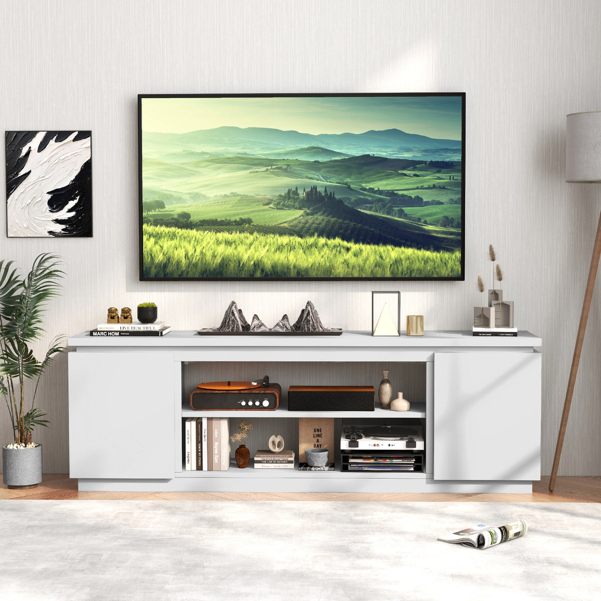 TV Cabinet for TVs up to 80 Inch Media Console Table with 3 Adjustable Shelves-White