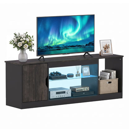 TV Stand with LED Light Strip & Adjustable Glass Shelf in Black