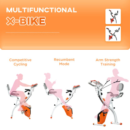 HOMCOM 2-in-1 Folding Exercise Bike with 8-Level Magnetic Resistance, Arm Resistance Band, Pulse Sensor, Orange