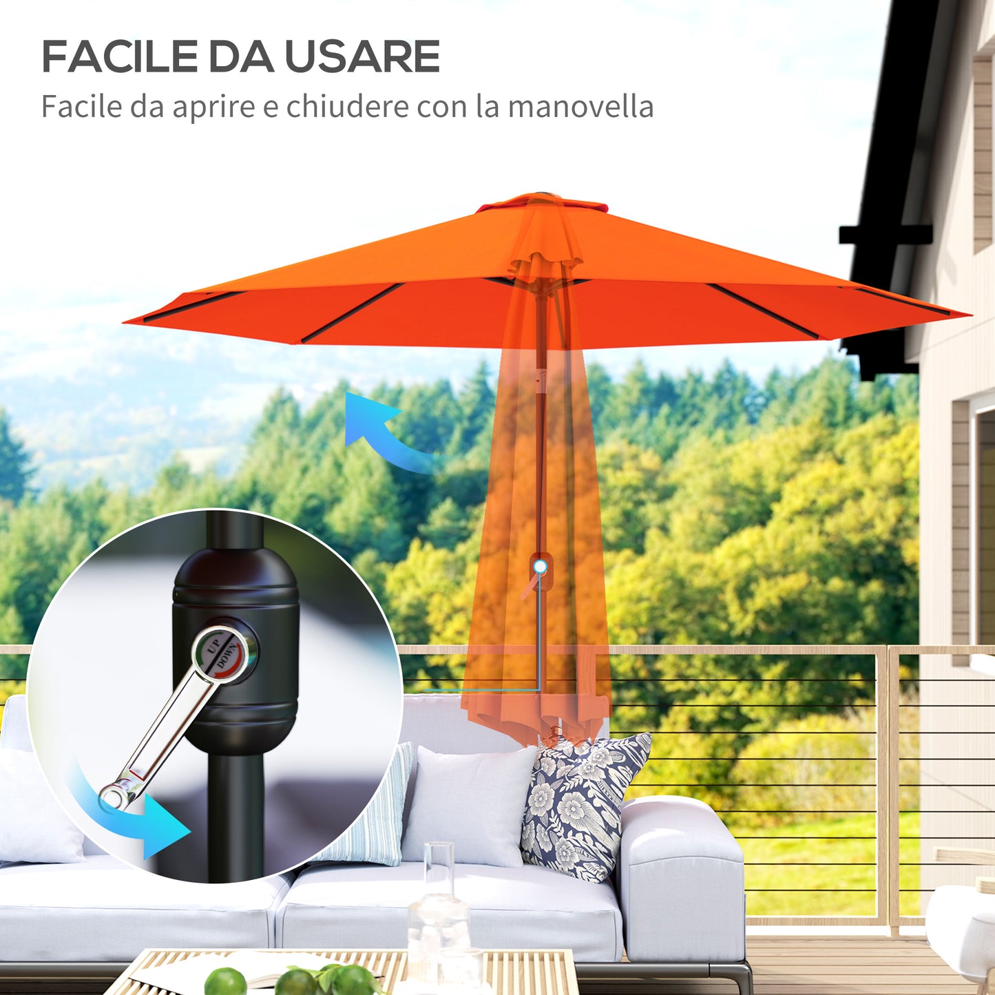 Outsunny 3 m Parasol ogrodowy, zewnętrzny parasol przeciwsłoneczny z 8 żebrami, uchwytem uchylnym i korbowym na balkon, ławka, ogród, pomarańczowy