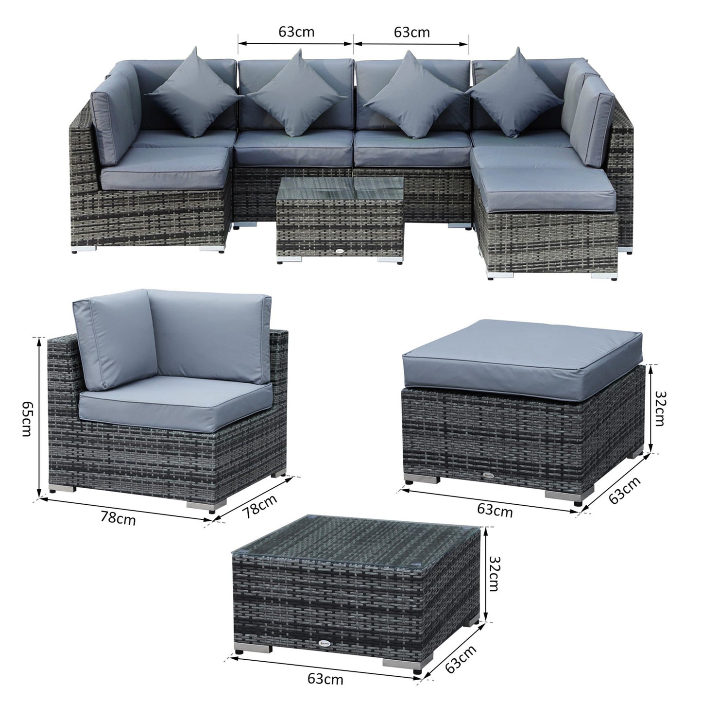 Outsunny 8 Pieces PE Rattan Corner Sofa Set with Thick Cushions, Aluminium Outdoor Rattan Garden Furniture Set with Glass Top Table, No Assembly Required, Grey