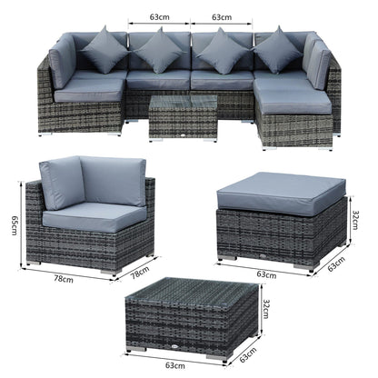 Outsunny 8 Pieces PE Rattan Corner Sofa Set with Thick Cushions, Aluminium Outdoor Rattan Garden Furniture Set with Glass Top Table, No Assembly Required, Grey