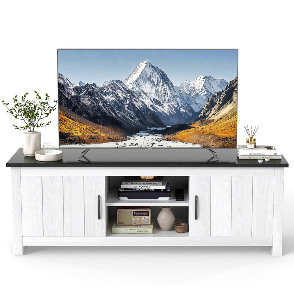 TV Stand with 2 Doors and Storage Shelves for TVs up to 65 Inches-Black & White