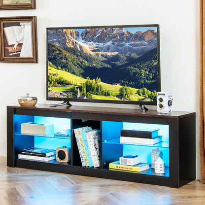 TV Stand with LED Light for TVs up to 65 inch with Adjustable Tempered Glass Shelves-Rustic Brown