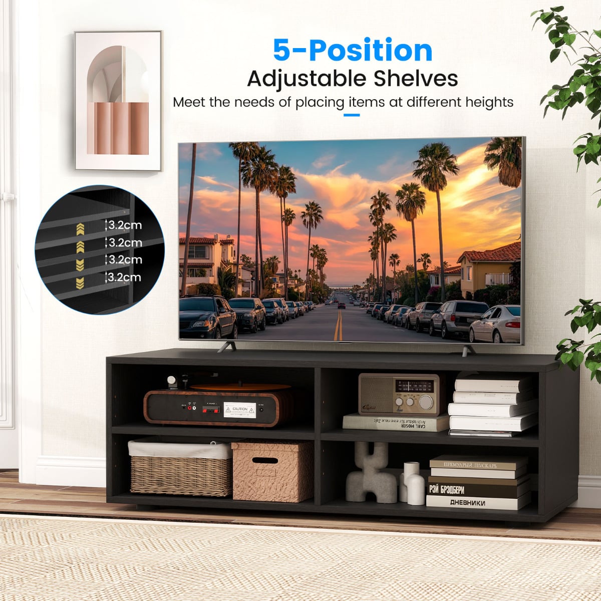 Home TV Stand with 5 Positions Adjustable Shelves for TV up to 4 Cubbies-Black