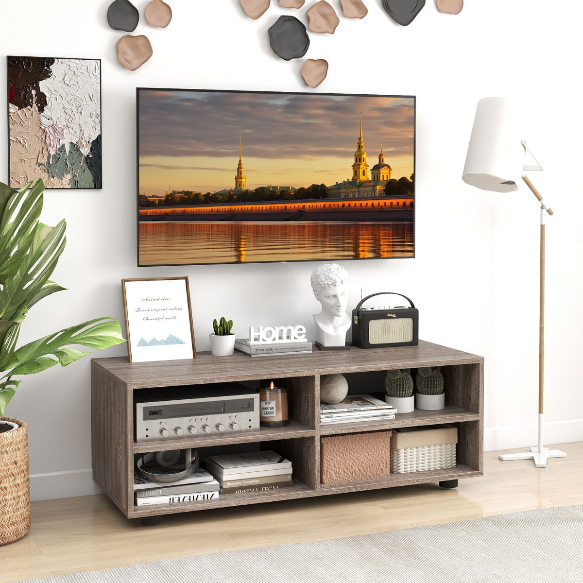 Home TV Stand with 5 Positions Adjustable Shelves for TV up to 4 Cubbies-Grey