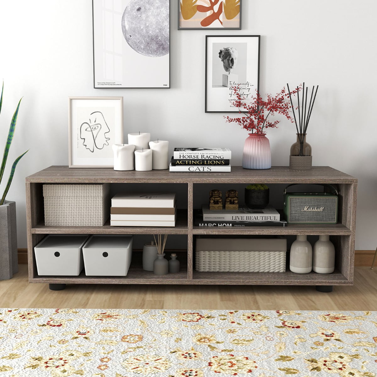 Home TV Stand with 5 Positions Adjustable Shelves for TV up to 4 Cubbies-Grey