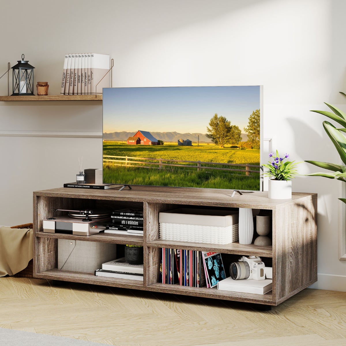 Home TV Stand with 5 Positions Adjustable Shelves for TV up to 4 Cubbies-Grey