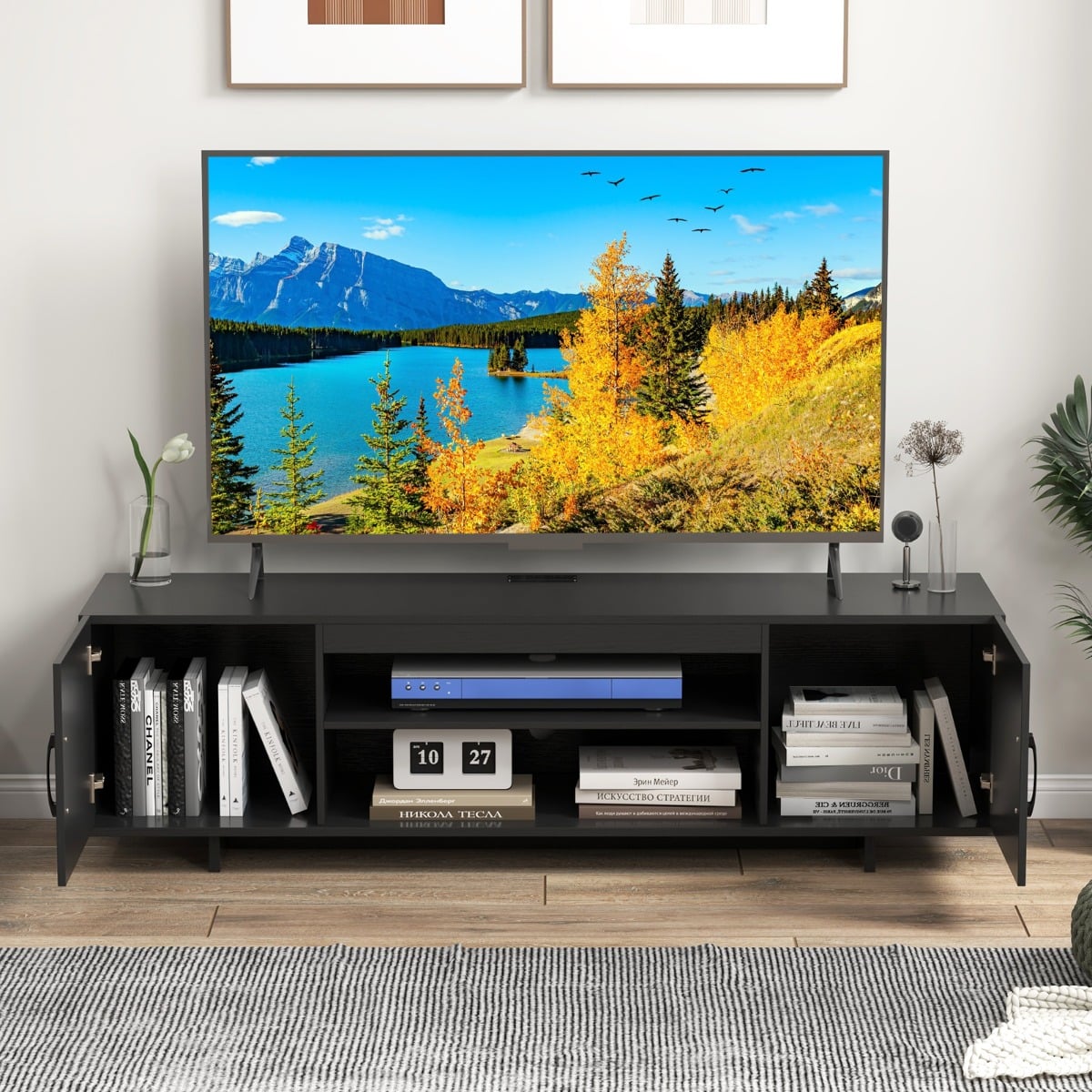 TV Stand for TVs up to 70 Inches with Power Outlet and 2 Cable Holes-Black