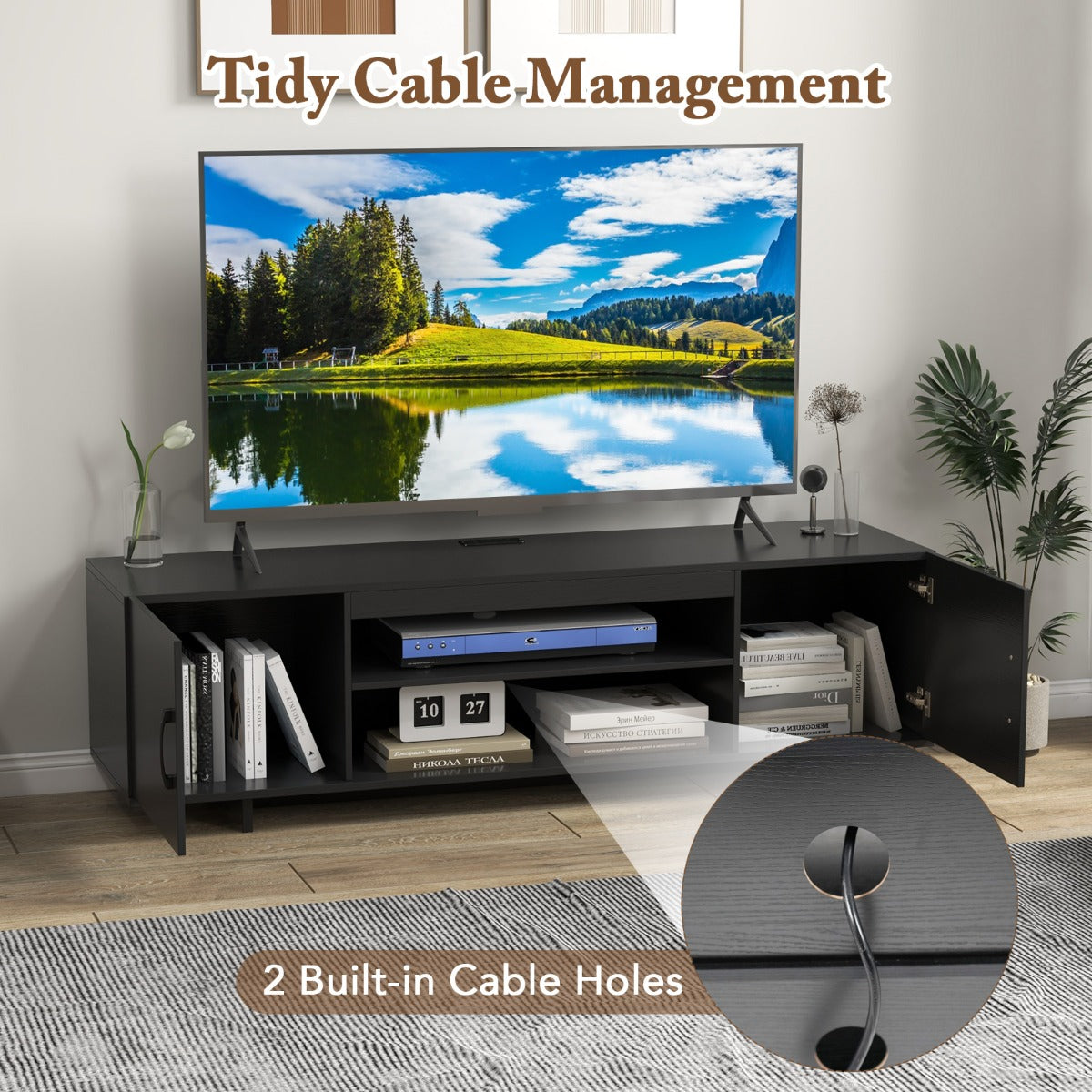 TV Stand for TVs up to 70 Inches with Power Outlet and 2 Cable Holes-Black