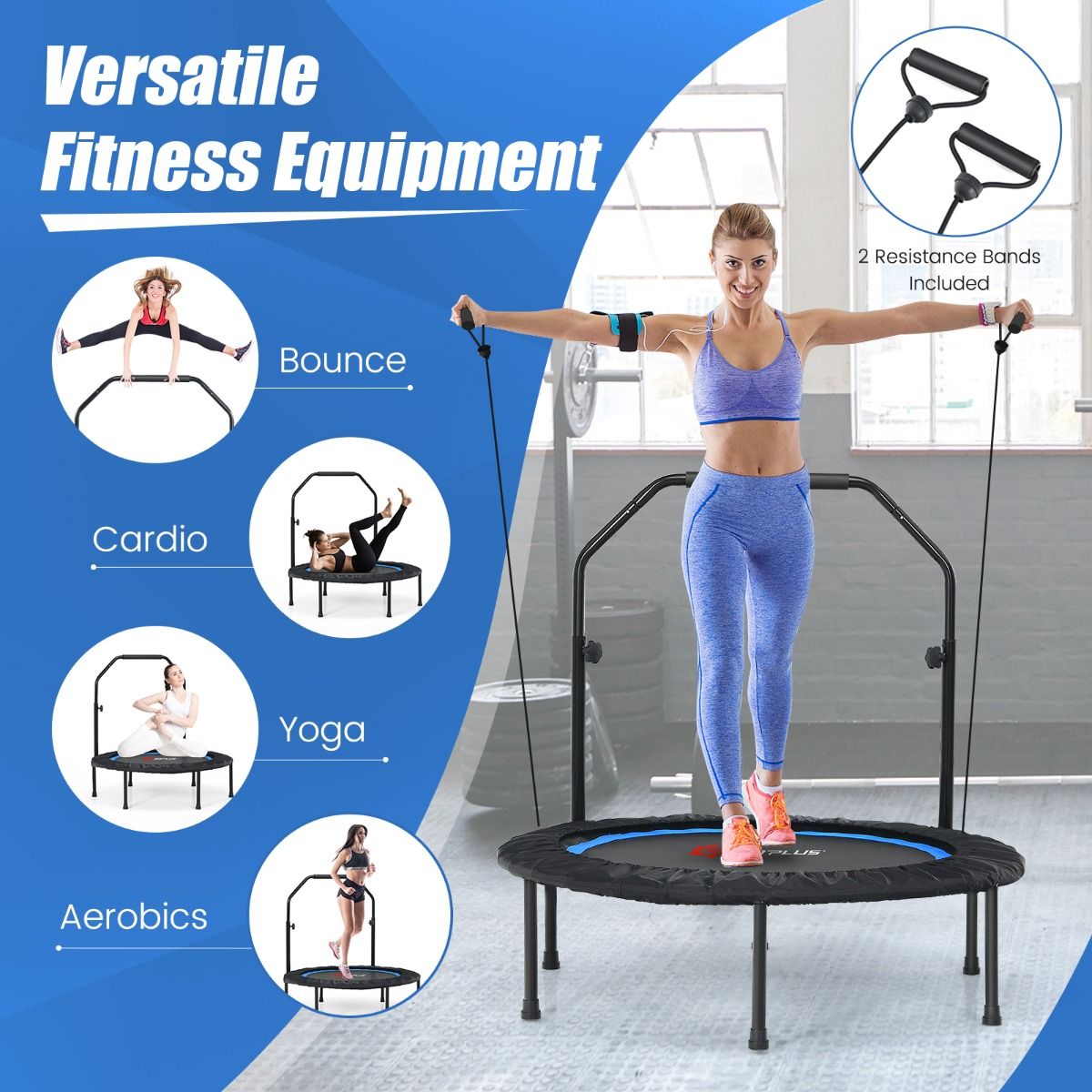 101cm Foldable Trampoline with 4-Level Adjustable Handle for Adults-Blue