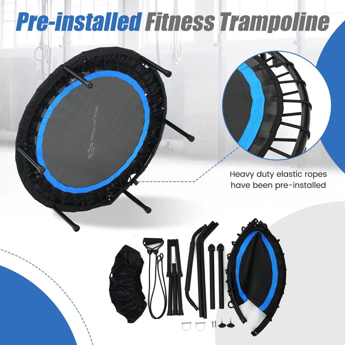 101cm Foldable Trampoline with 4-Level Adjustable Handle for Adults-Blue