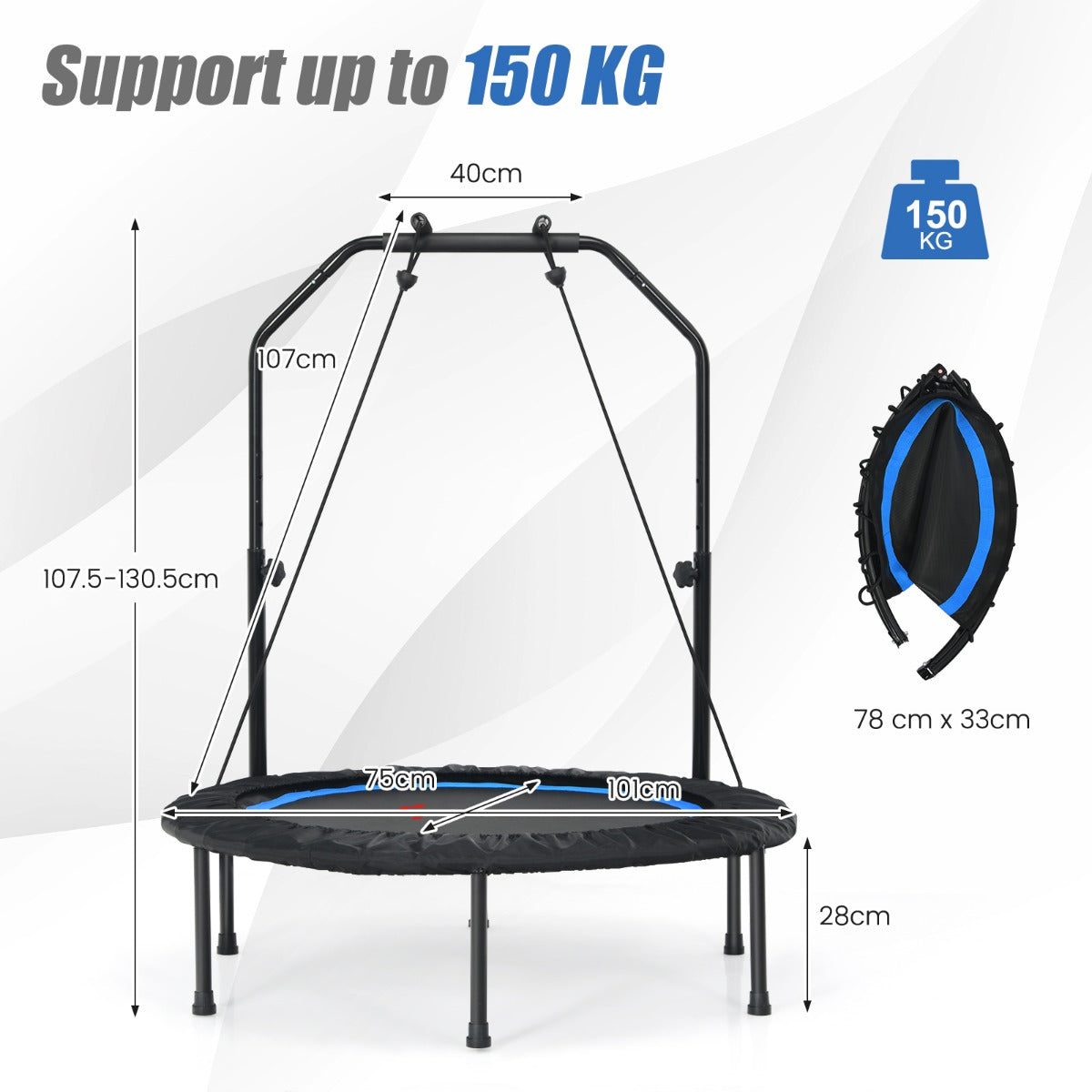 101 cm Mini Trampoline with 2 Resistance Bands and Adjustable Foam Handle-Blue