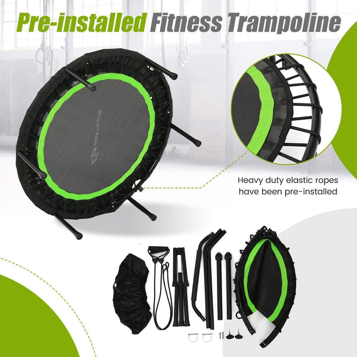 101 cm Mini Trampoline with 2 Resistance Bands and Adjustable Foam Handle - Green