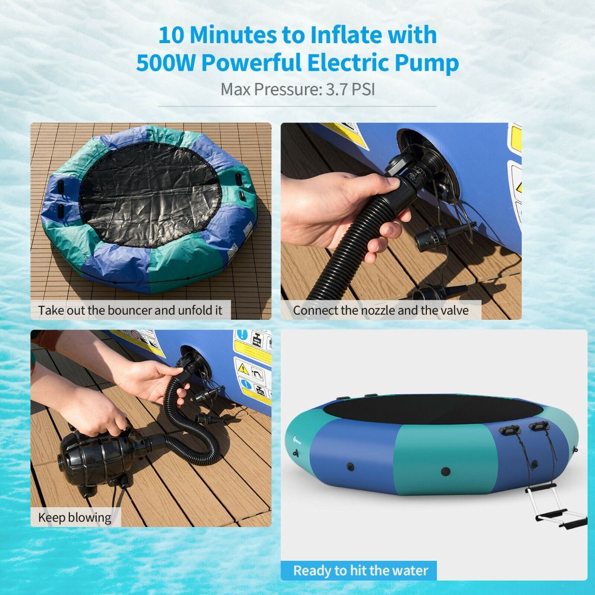 10FT Inflatable Water Trampoline with 500W Electric Inflator-Blue