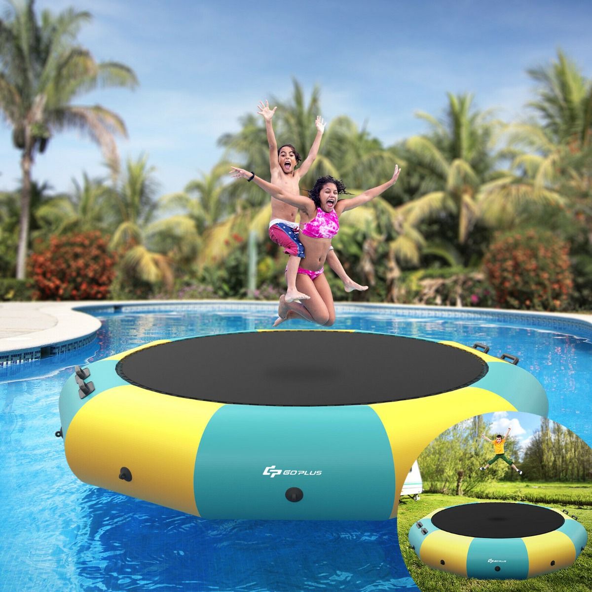 10FT Inflatable Water Trampoline with 500W Electric Inflator-Yellow