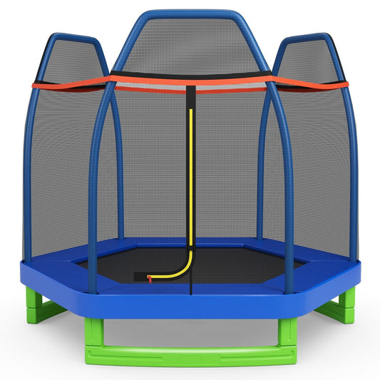 7 Feet Kids Trampoline with Safety Enclosure Net-Blue