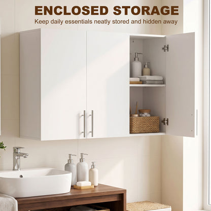 HOMCOM Bathroom Wall Cabinet, Wall-Mounted Bathroom Storage Cabinet with 3 Doors, Adjustable Shelf for Kitchen, White
