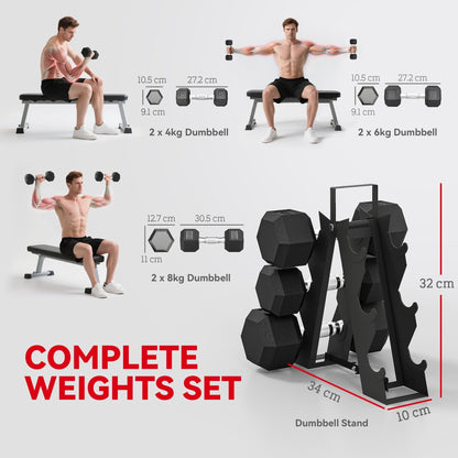 SPORTNOW Hex Dumbbell Set with Weights Storage Rack, Rubber Coated Dumbbells, Non-Slip Chrome Handles, Space-Saving for Home Gym Weight Lifting Strength Training, 2 x 2kg, 2 x 5kg, 2 x 8kg