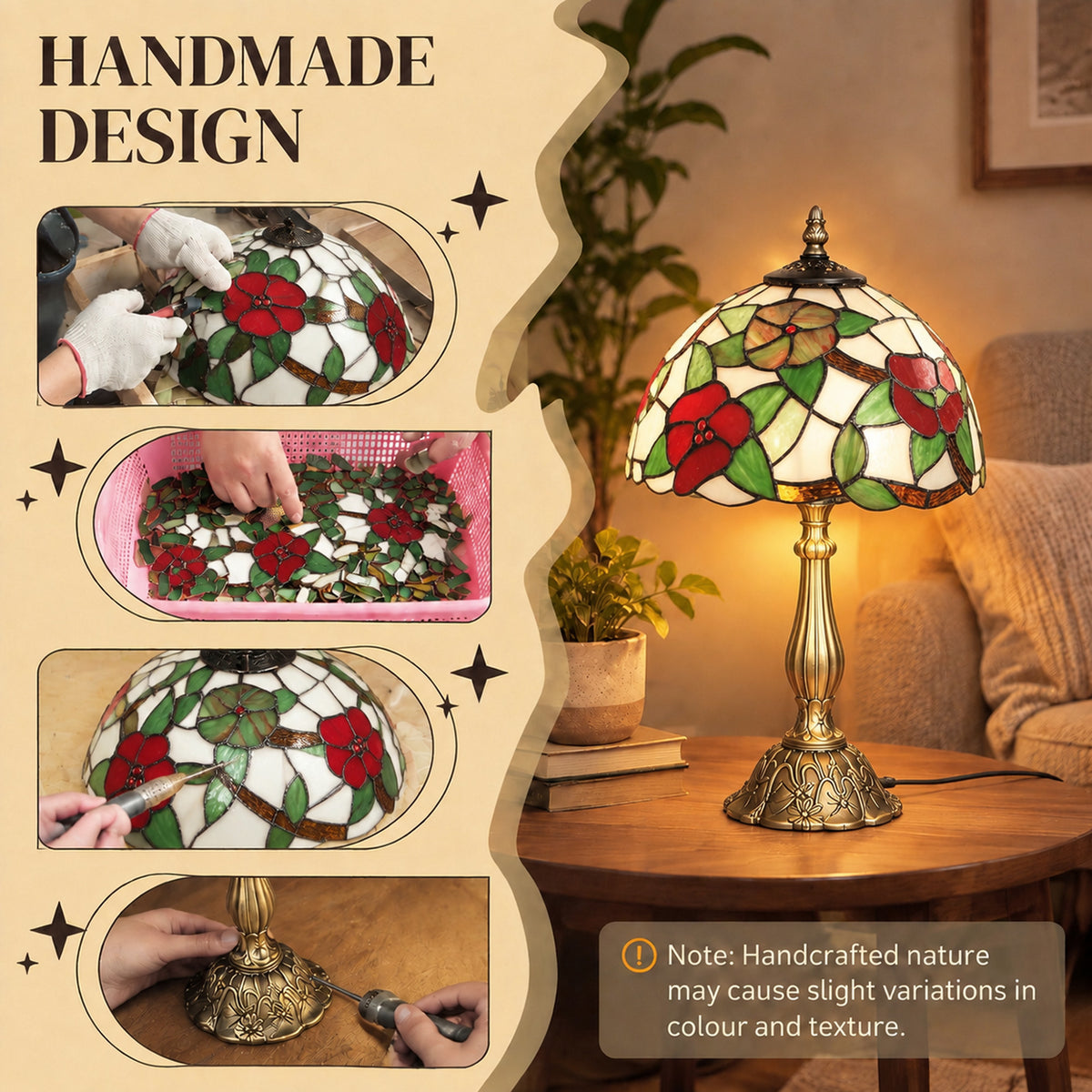 HOMCOM Tiffany Stained Glass Table Lamp, Handmade Antique Bedside Lamp for Bedroom, Living Room, Nightstand, Red Sunflower