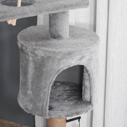 PawHut Cat Tree Cat Scratching Post 120cm with Jute Scratching Post Perch Hanging Ball Hammock Teasing Rope Condo Toy Light Grey