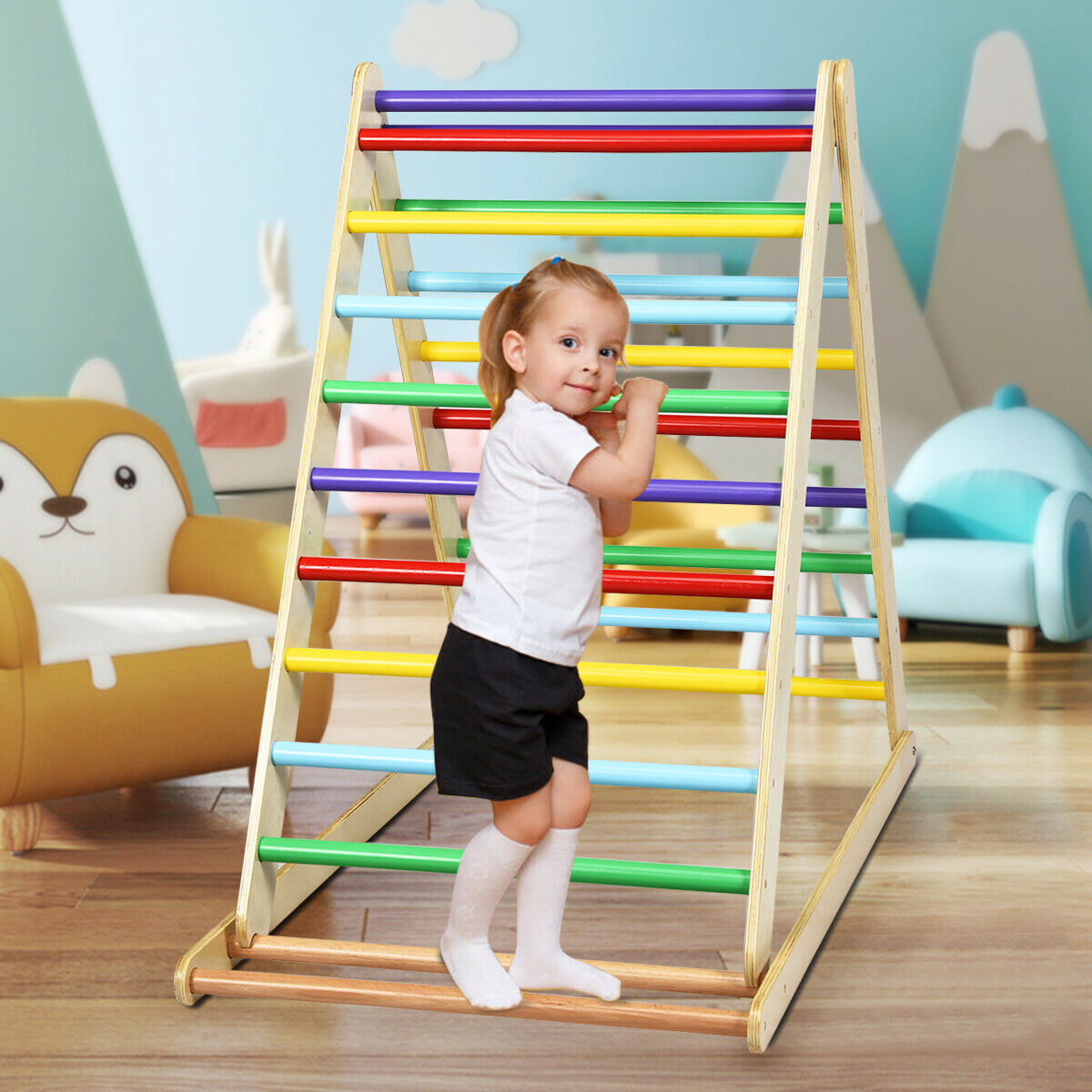 Wooden Climbing Ladder with Ramp for Kindergarten or Home-Colorful
