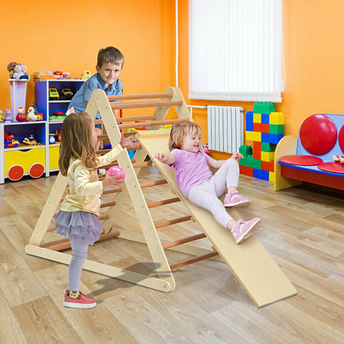 Wooden Climbing Ladder with Ramp for Kindergarten or Home-Natural