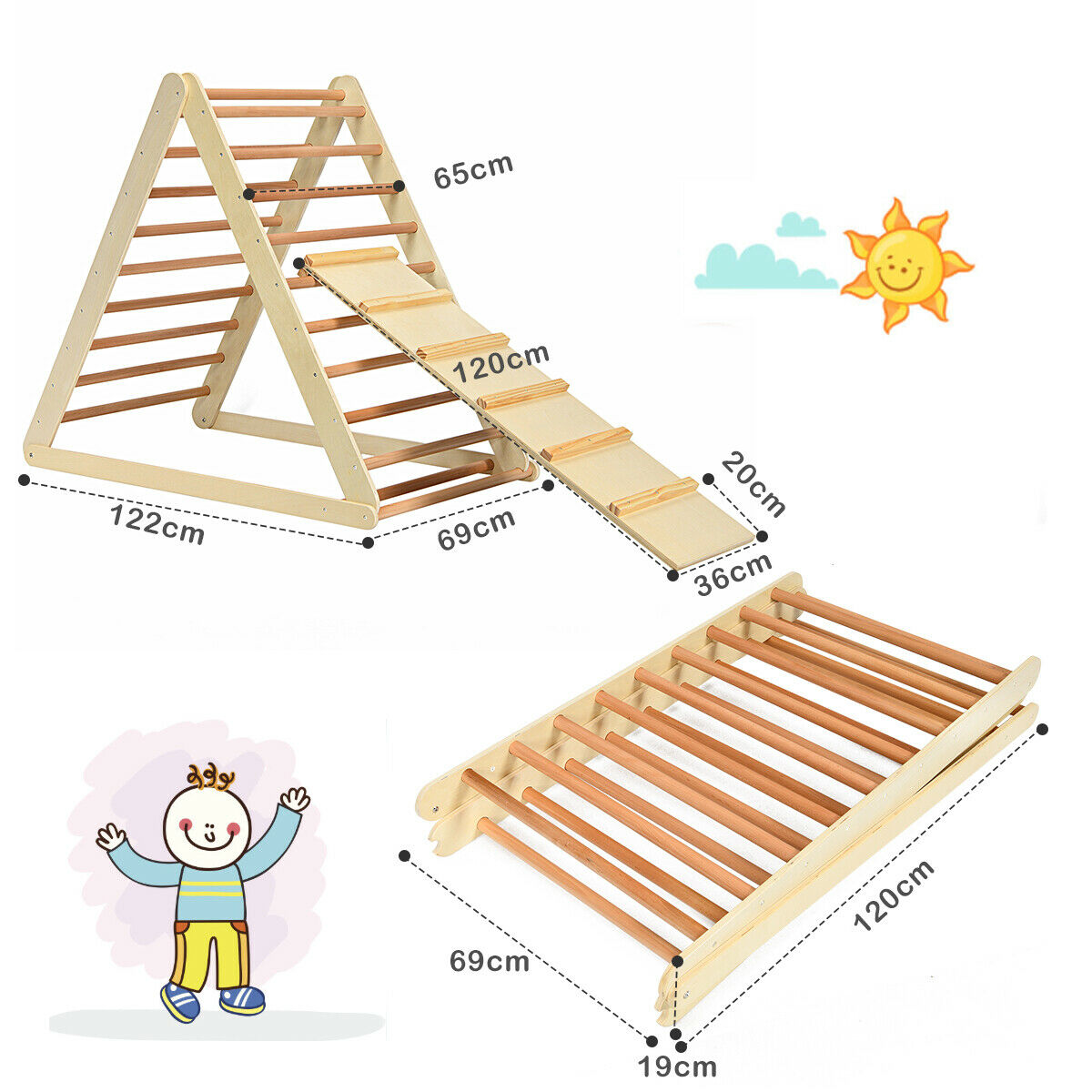 Wooden Climbing Ladder with Ramp for Kindergarten or Home-Natural