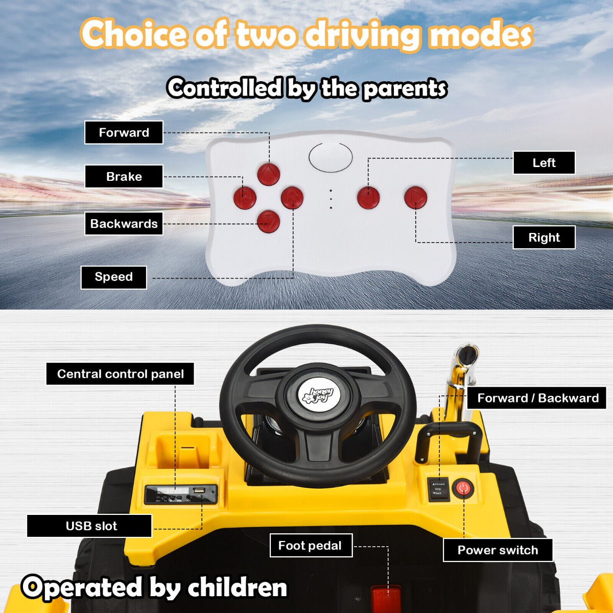 3 Speeds Electric Ride On Dump Truck with Remote Control and Music for Kids-Yellow