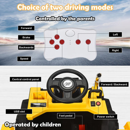 3 Speeds Electric Ride On Dump Truck with Remote Control and Music for Kids-Yellow