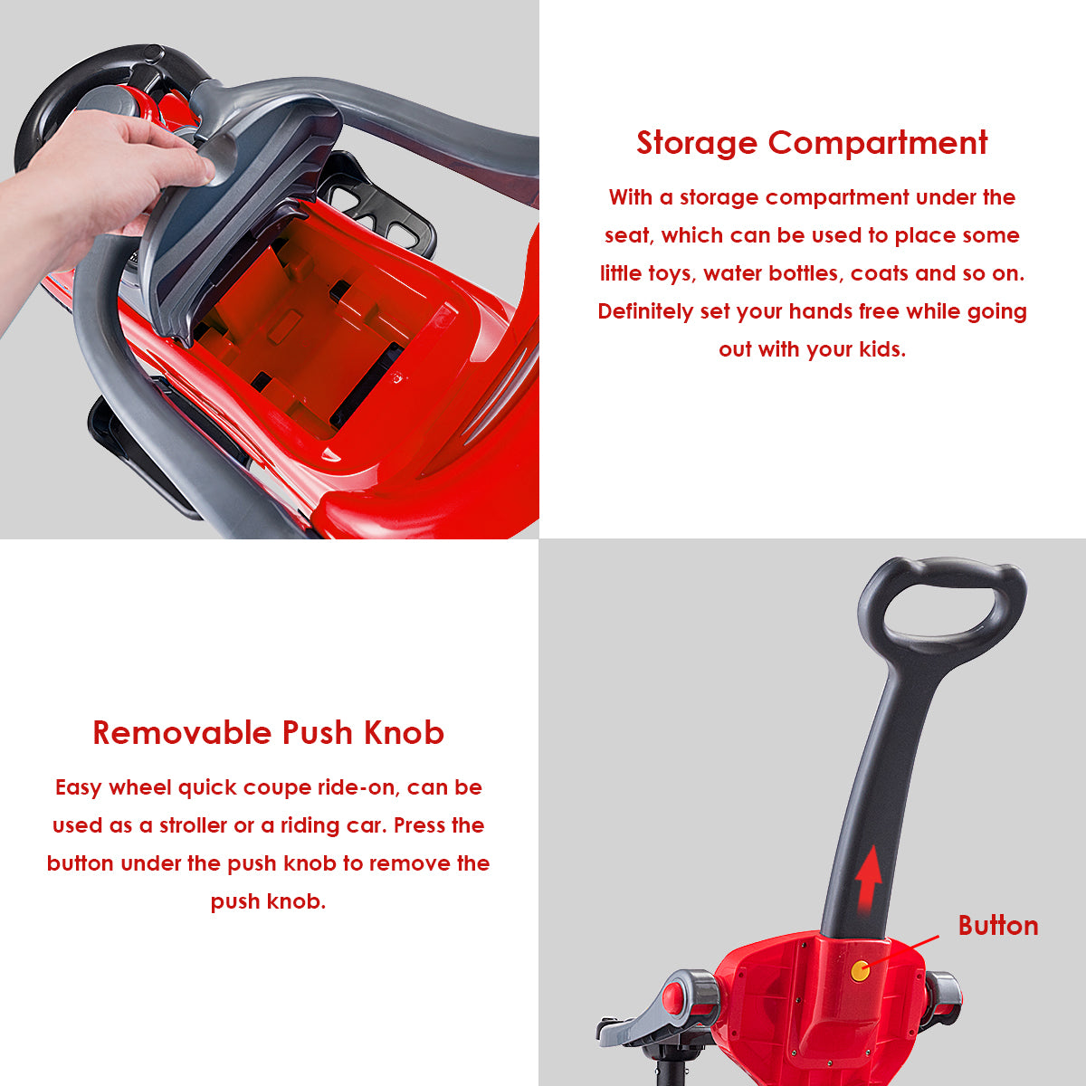 Kids 3 in 1 Ride on Car with Push Handle-Red
