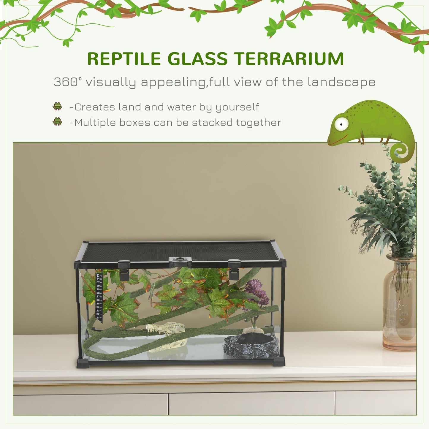 PawHut Glass Reptile Terrarium with Decor Kit, Breeding Tank with Thermometer for Small Animals, 50 x 30 x 25cm, Heated, Black