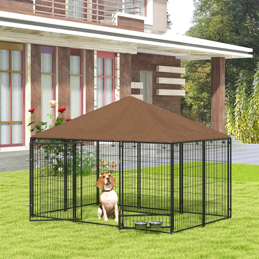 PawHut Outdoor Dog Kennel Puppy Play Pen z baldachimem Garden Playpen Fence Crate Enclosure Cage Rotating Bowl 211 x 141 x 151 cm