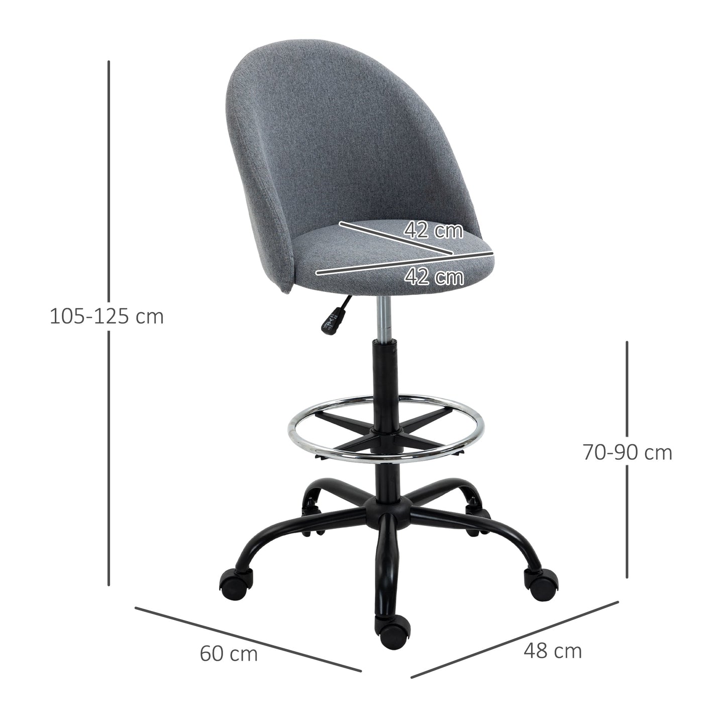 Vinsetto Ergonomic Drafting chair Adjustable Height w/ 5 Wheels Padded Seat Footrest 360 Swivel Freely Comfortable Versatile Use For Home Office - Grey