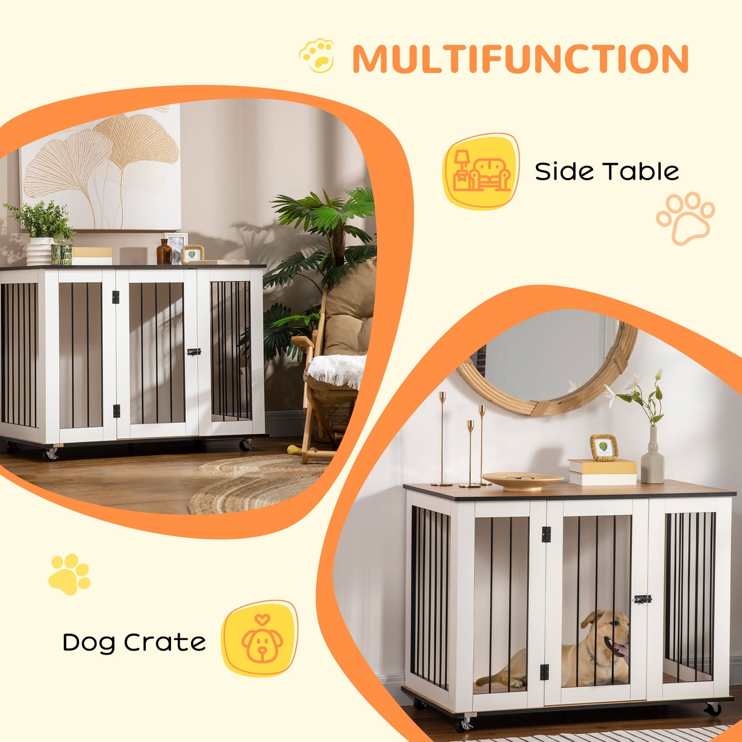 PawHut Dog Crate Furniture, Dog Cage End Table with Wheels, Lockable Door, for Medium Dogs, 106 x 60 x 82 cm - White