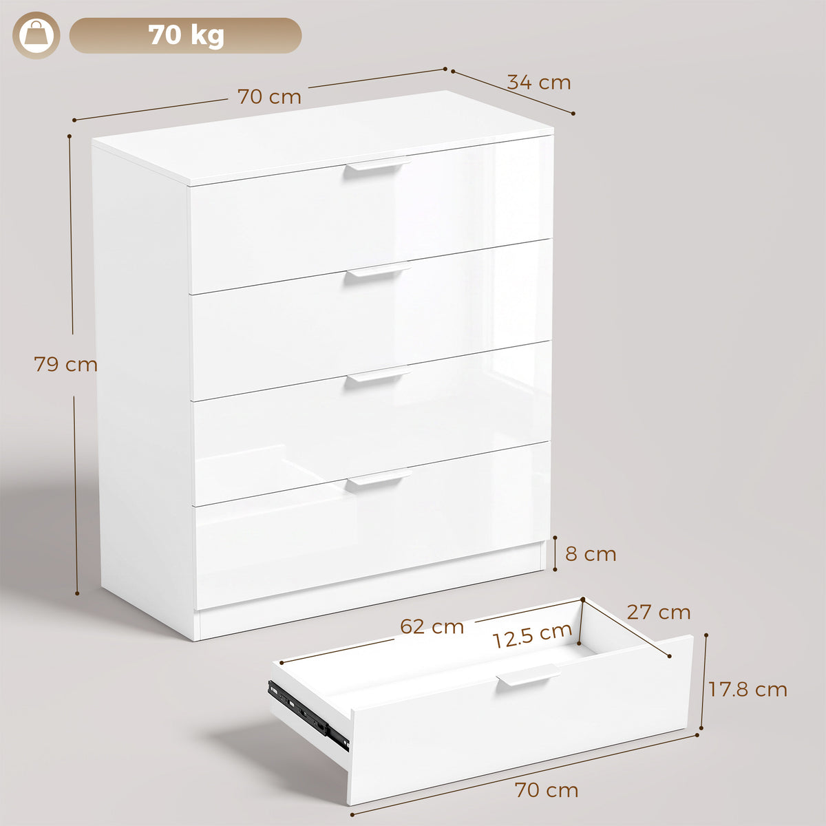 HOMCOM High Gloss 4-Drawer Chest of Drawers, Space-Saving Bedroom Storage Unit with Smooth Runners, White