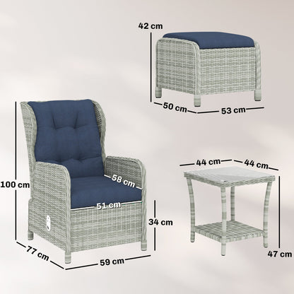 Outsunny 5 Piece Garden Furniture Set, Rattan Reclining Garden Chair Set of 2 with Footstool and Cushion for Balcony, Dark Blue