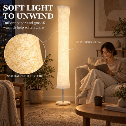 HOMCOM LED Floor Lamp, 152 cm Modern Dimmable Standing Lamp with Paper Shade, Pine Wood Base, White