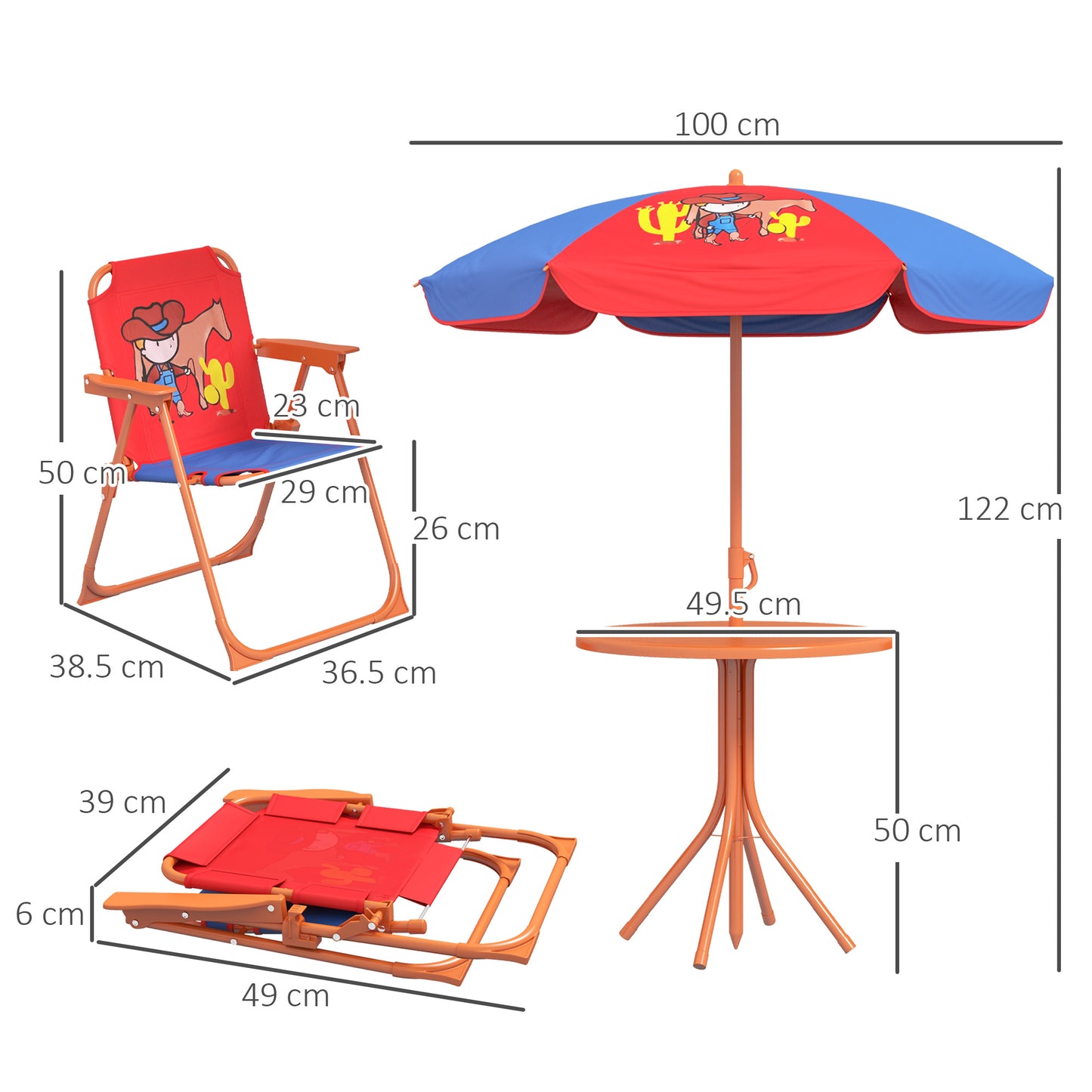 Zestaw piknikowy dla dzieci Outsunny, meble ogrodowe w stylu kowbojskim ze składanymi krzesłami i regulowanym parasolem