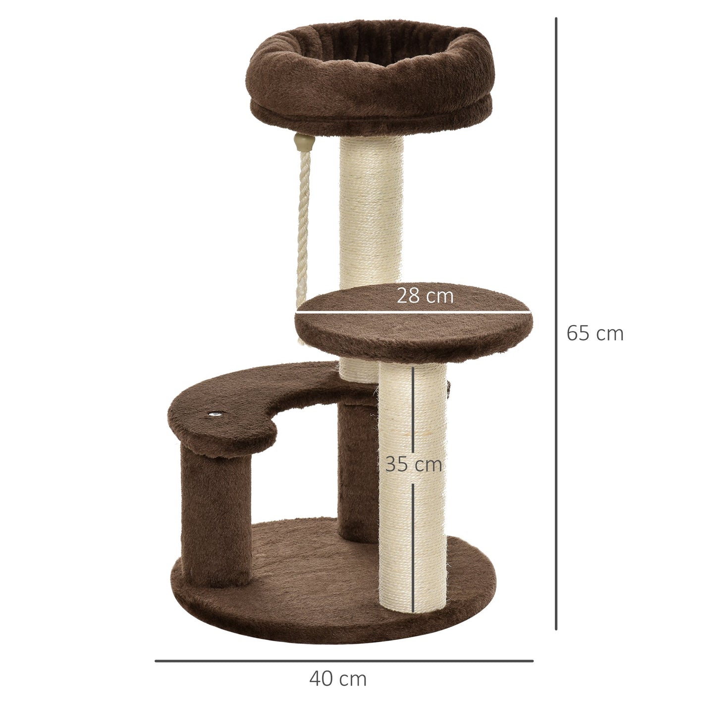 Pawhut 65 cm Cat Tree Cat Scratching Post Kitty Scratcher Kitten Activity Center Scratching Post Playhouse 2 Perch w/Hanging Sisal Rope Brown