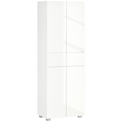 HOMCOM 4-Door Kitchen Cupboard, Tall Freestanding 5-Tier Storage Cabinet with 3 Adjustable Shelves, 2 Drawers for Living Room, Dining Room, Push to Open Design, High Gloss White