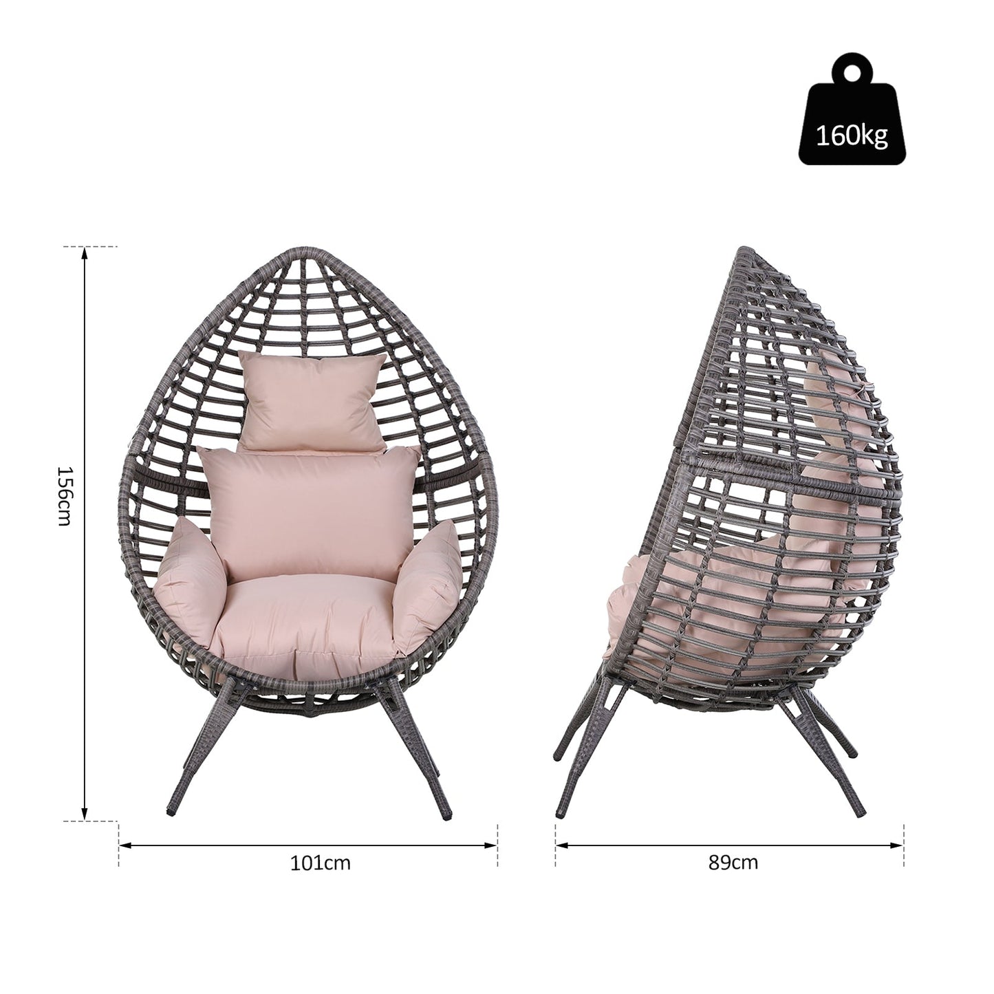 Outsunny Garden Egg Chair, łezkowaty zewnętrzny fotel rattanowy PE z miękką, wyściełaną poduszką na całej powierzchni, szary