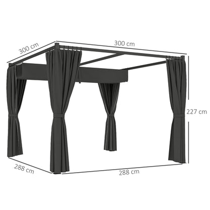 Outsunny 3 x 3(m) Rozsuwana pergola, altana ogrodowa z zasłonami, do grilla, na patio, taras, antracyt