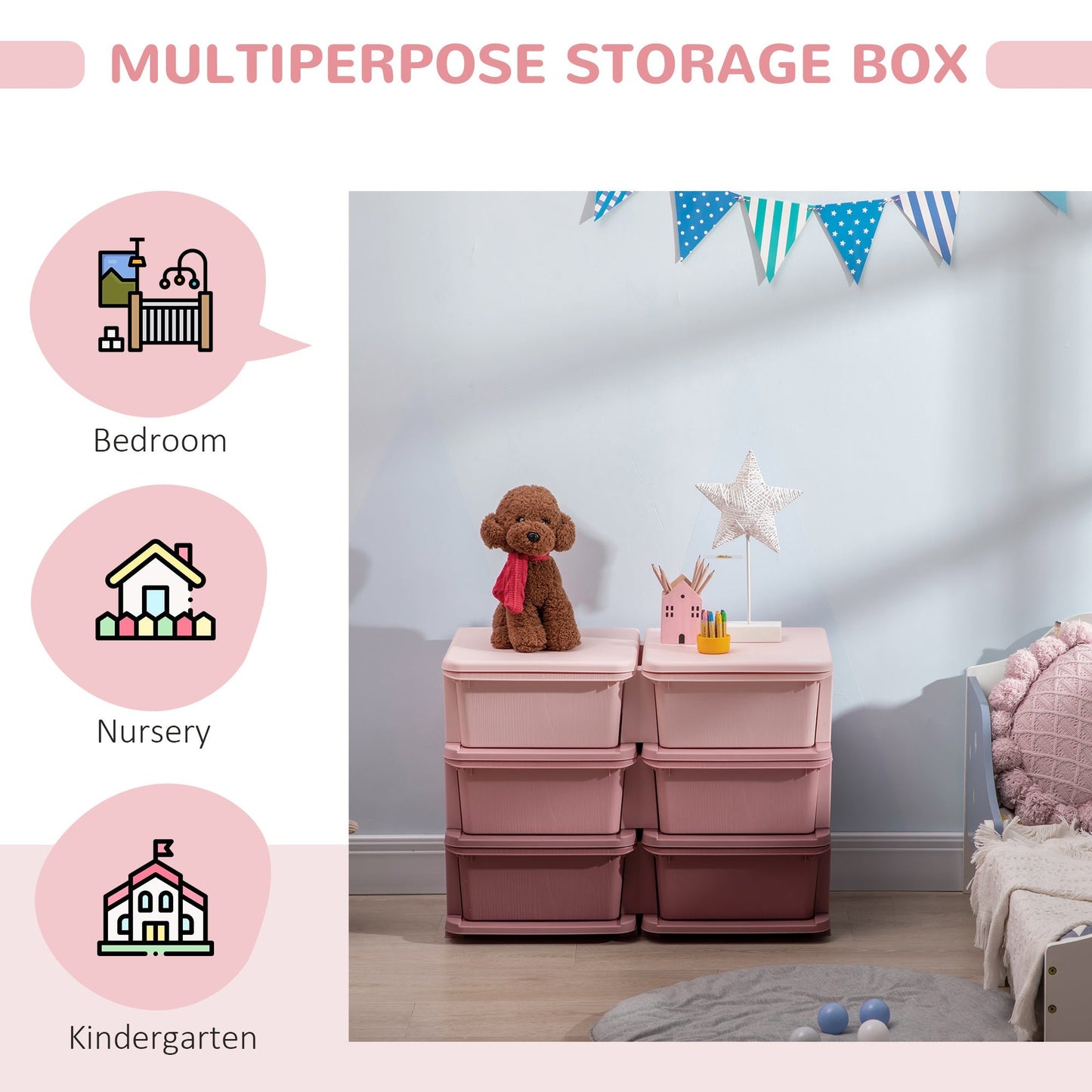 ZONEKIZ Kids Storage Units with 6 Drawers, 3 Tier Kids Toy Storage Organizer, Vertical Dresser Tower for Nursery Playroom Kindergarten, Pink