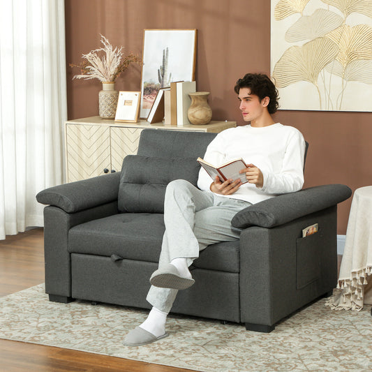 HOMCOM Pull Out Sofa Bed, Fabric 2 Seater Click Clack Sofa Bed Settee with 2 Pocket Springs, Convertible Sofa Couch with Pillows and Side Pockets for Living Room, Home Office, Charcoal Grey