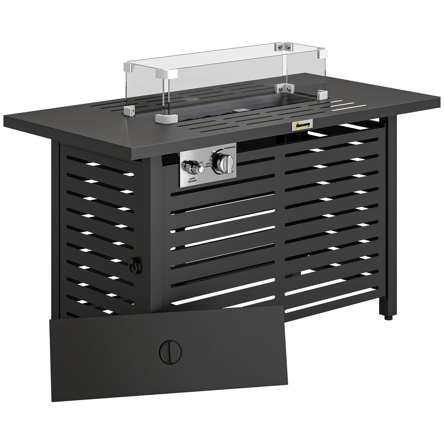 Outsunny Propane Gas Fire Pit Table, Outdoor Firepit with 43" Steel Tabletop and Lid, 50,000 BTU Pulse Ignition Fire Table w/ Stainless Steel Burner, Glass Wind Guard, and Cover