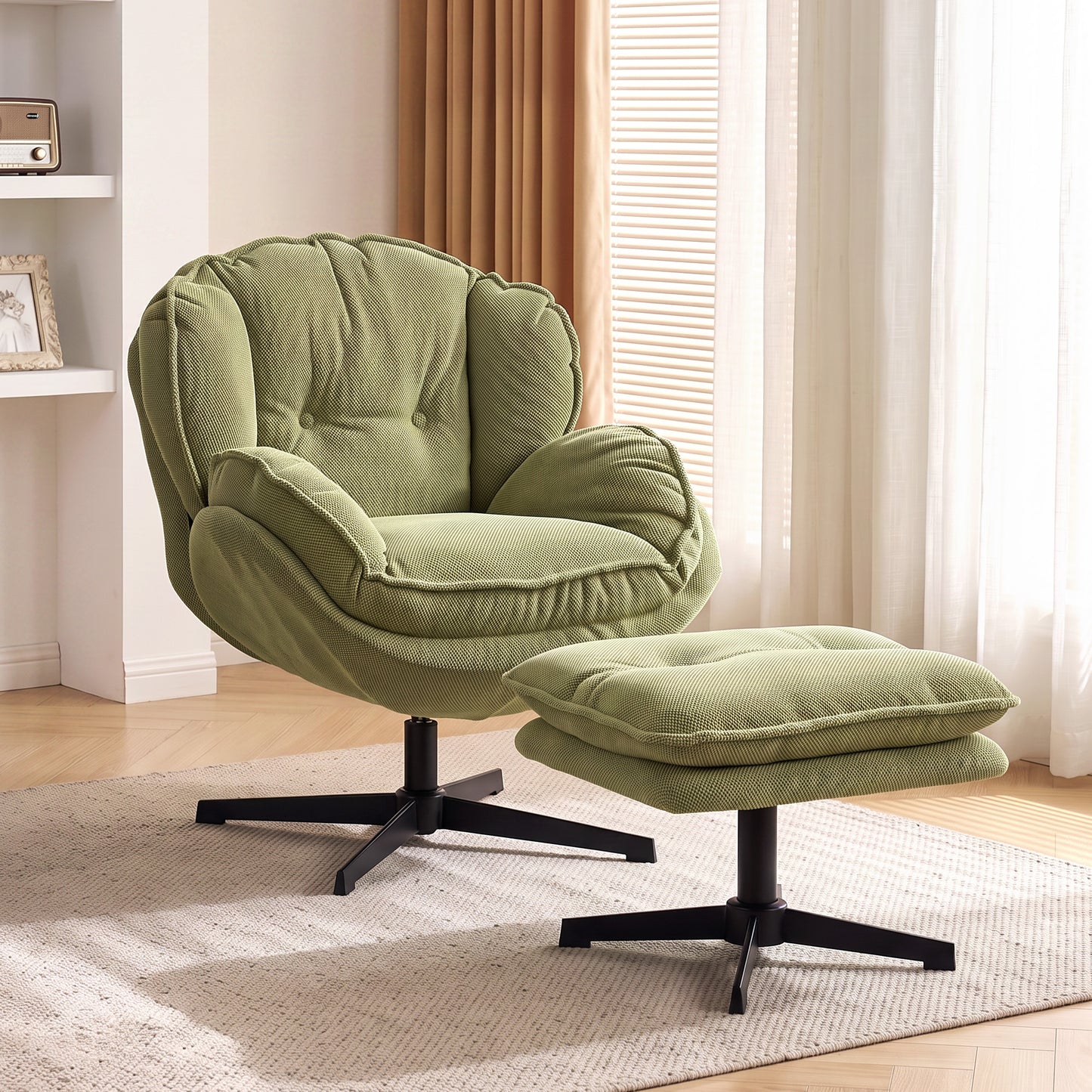 HOMCOM Armchair with Adjustable Footstool, 360-Degree Swivel Chenille Cloud Accent Chair with Thick Cushion, Steel Base, Green
