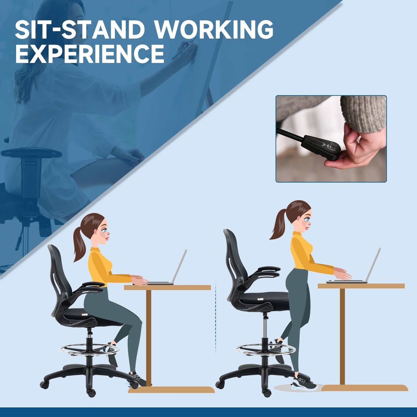 Vinsetto Adjustable Standing Desk Chair with Flip-up Armrests Lumbar Support Armrests Adjustable Footrest Ring Black