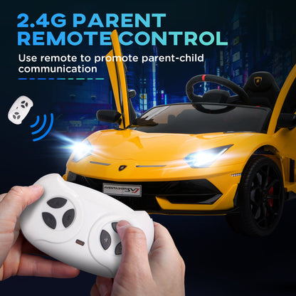 HOMCOM Lamborghini Aventador Licensed 12V Kids Electric Ride On Car Racing Car Toy with Parental Remote Control Battery-powered 2 Motors Music Lights for 3-8 Years Old Yellow