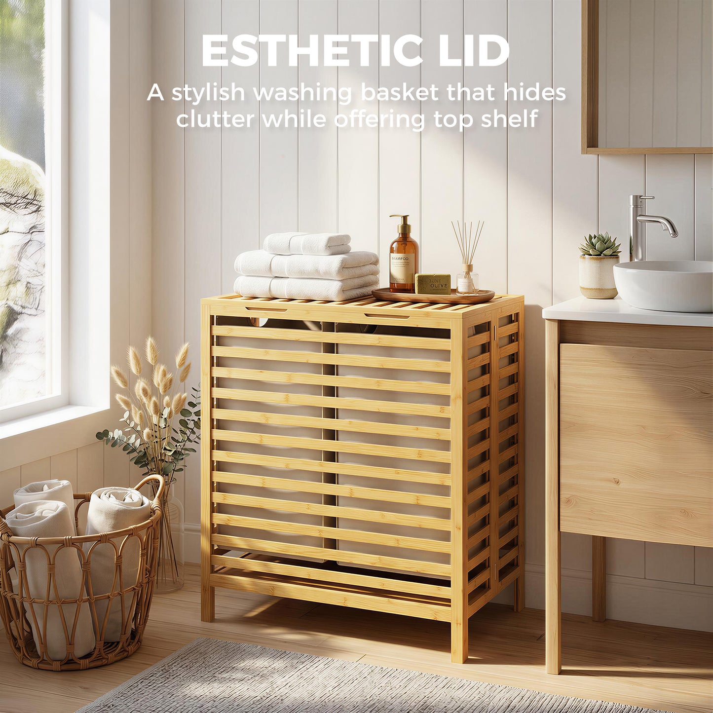 HOMCOM Bamboo Laundry Basket with Lid, 2 Baskets, Foldable, 64L, Natural and Cream White